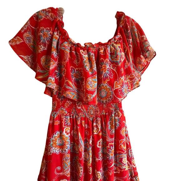 Red Paisley Floral Print Off-Shoulder Boho Chic Bohemian Tiered Maxi Dress Sz 6 - Picture 4 of 16